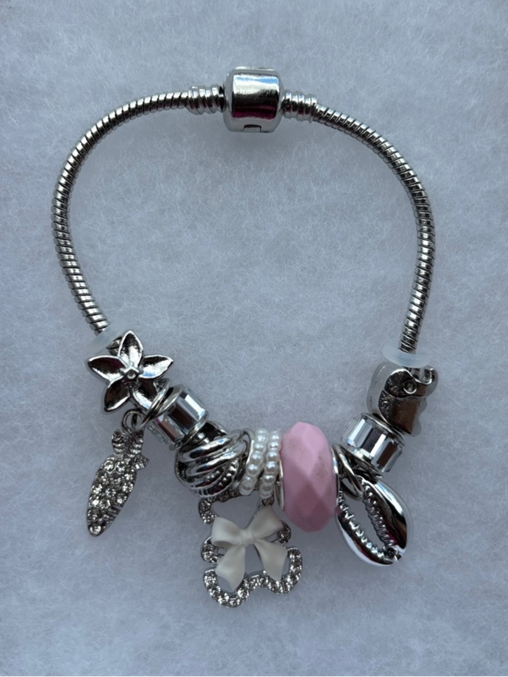 NWT Stainless Steel 7” Charm Bracelet with Pink Bead and Pearl Accents